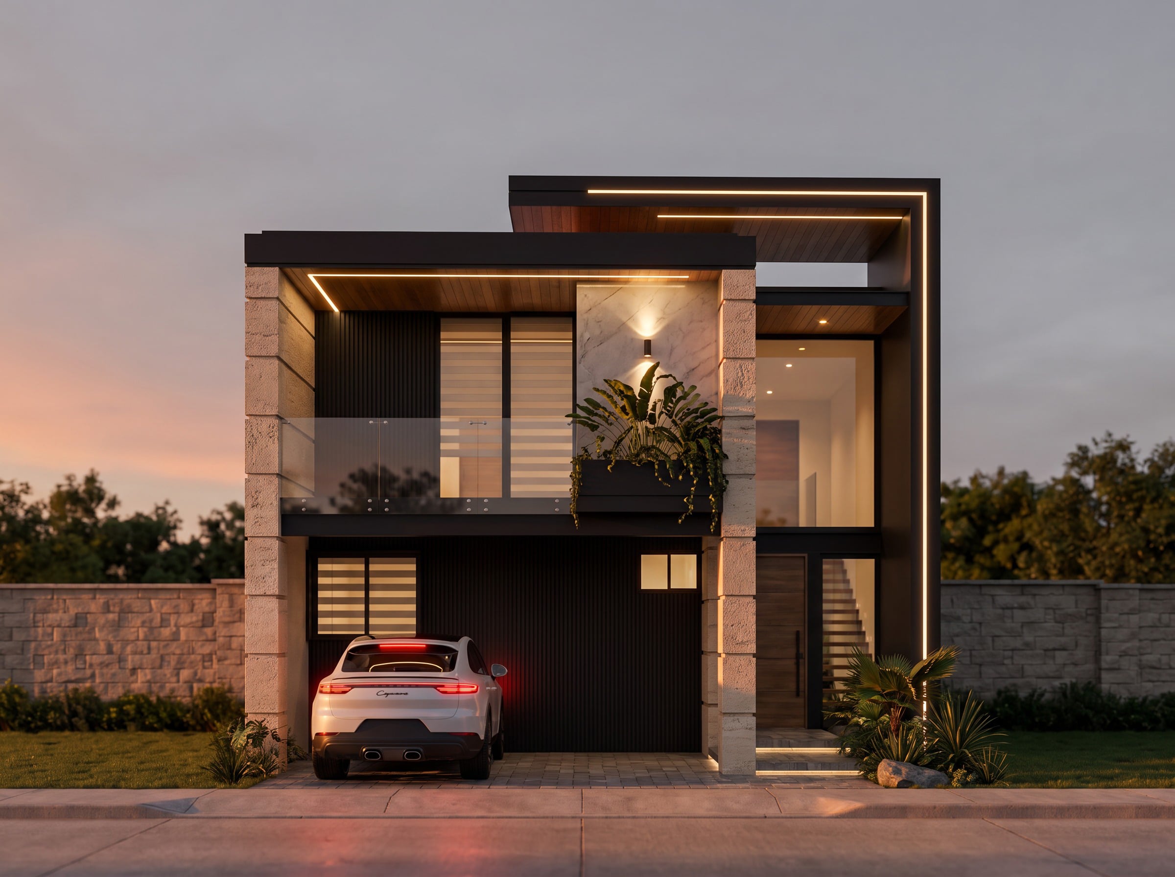 Oasis del Sur — Casa Tipo 01, fachada principal al atardecer