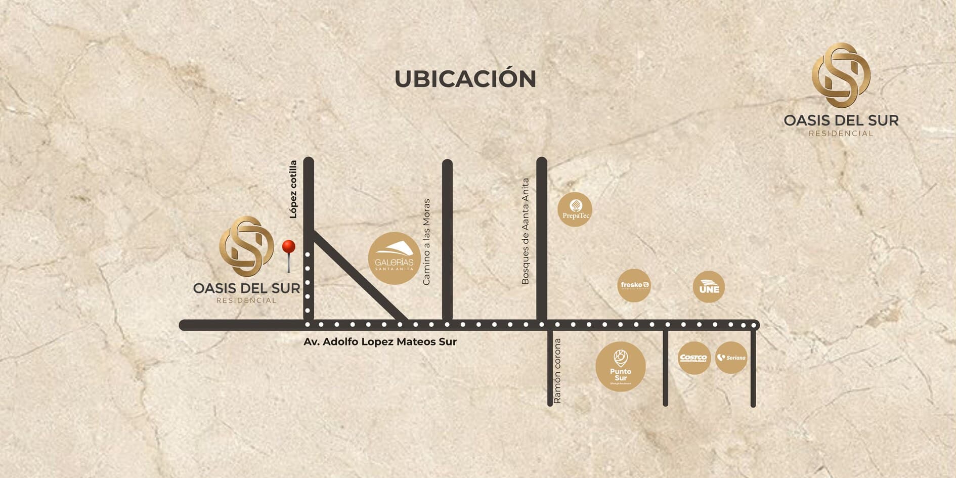 Mapa de ubicación de Oasis del Sur en San Agustín, Tlajomulco de Zúñiga, con acceso por Av. López Mateos Sur